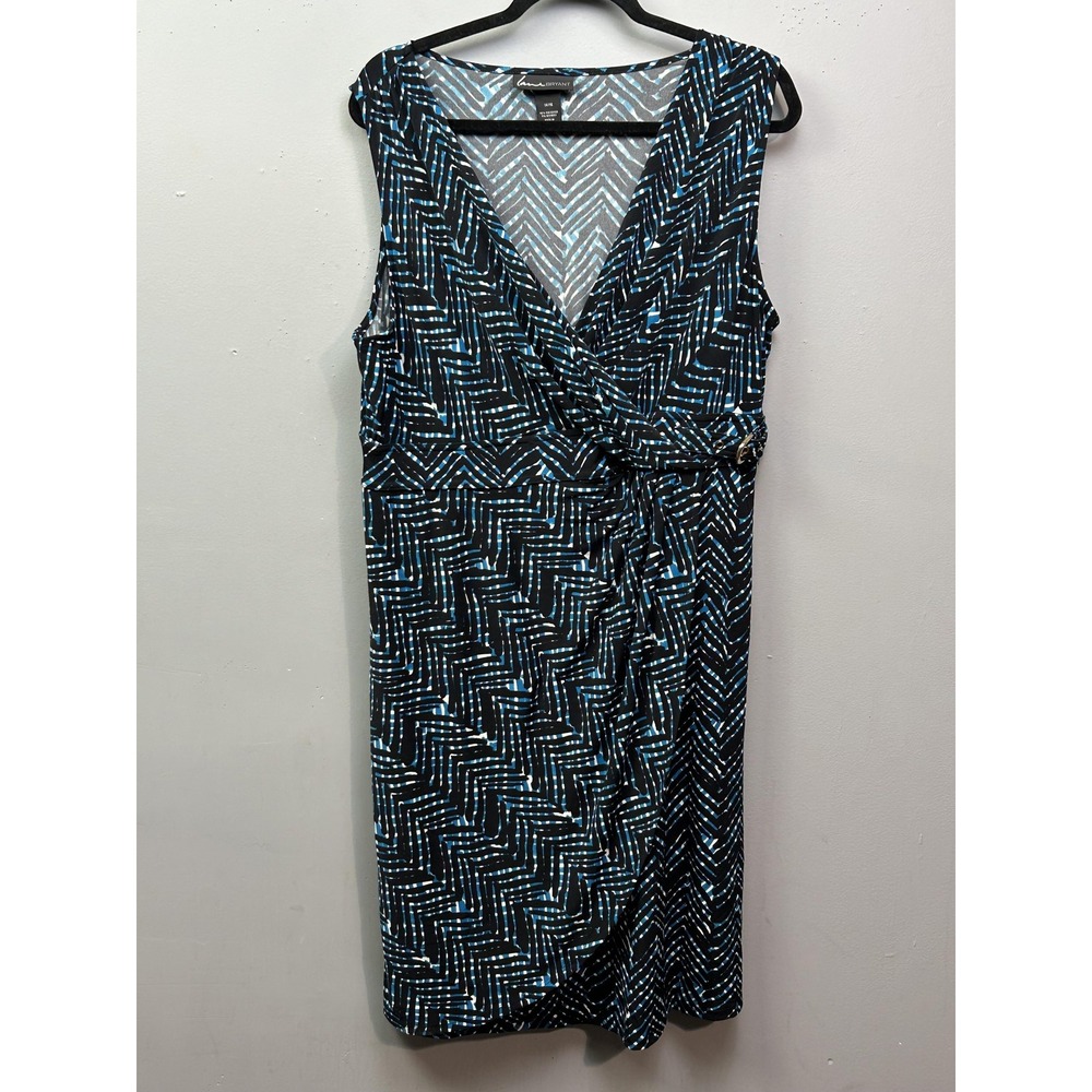 Lane‎ Bryant Dress Womens 14 16 Black Blue White Chevron Sleeveless Belted Wrap
